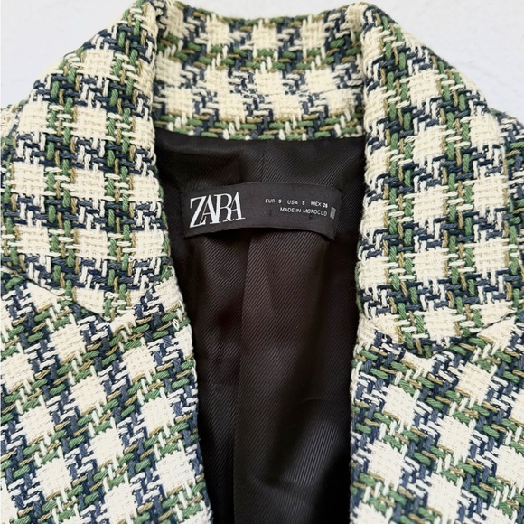 Zara Double Breasted Houndstooth Tweed Blazer Jacket Ivory Navy Green Small - Picture 5 of 14